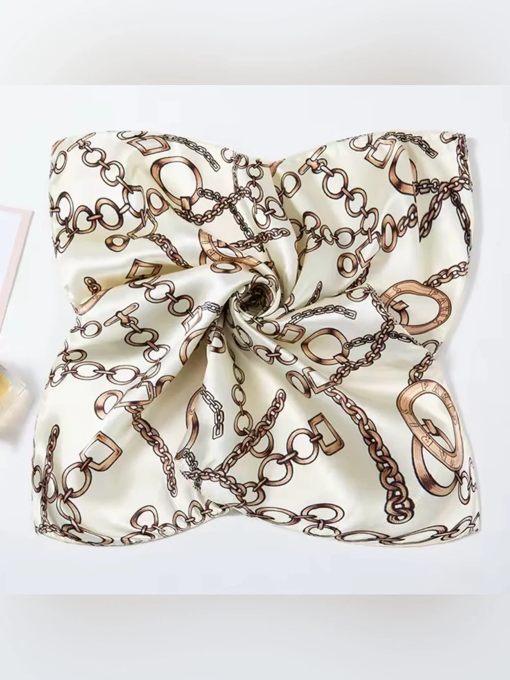 Silk-Feel Chain Print Hair Scarf - Cream and Brown